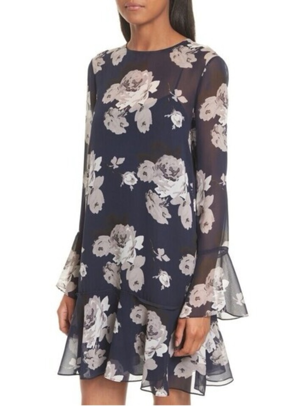 Theory Marah Distressed Floral Chiffon Dress — Navy / White Floral